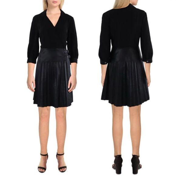 Karl Lagerfeld Black Faux Leather 3/4 Sleeve Shutter Pleat Mini Dress Size 4 NEW - Picture 1 of 12